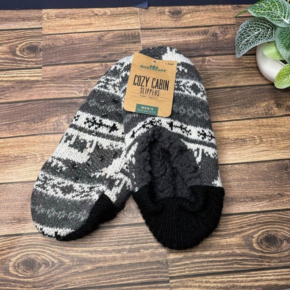 NWT Northeast Outfitters Men's Cozy Cabin Slippers Size Large (Black Grey Moose) - Picture 1 of 8